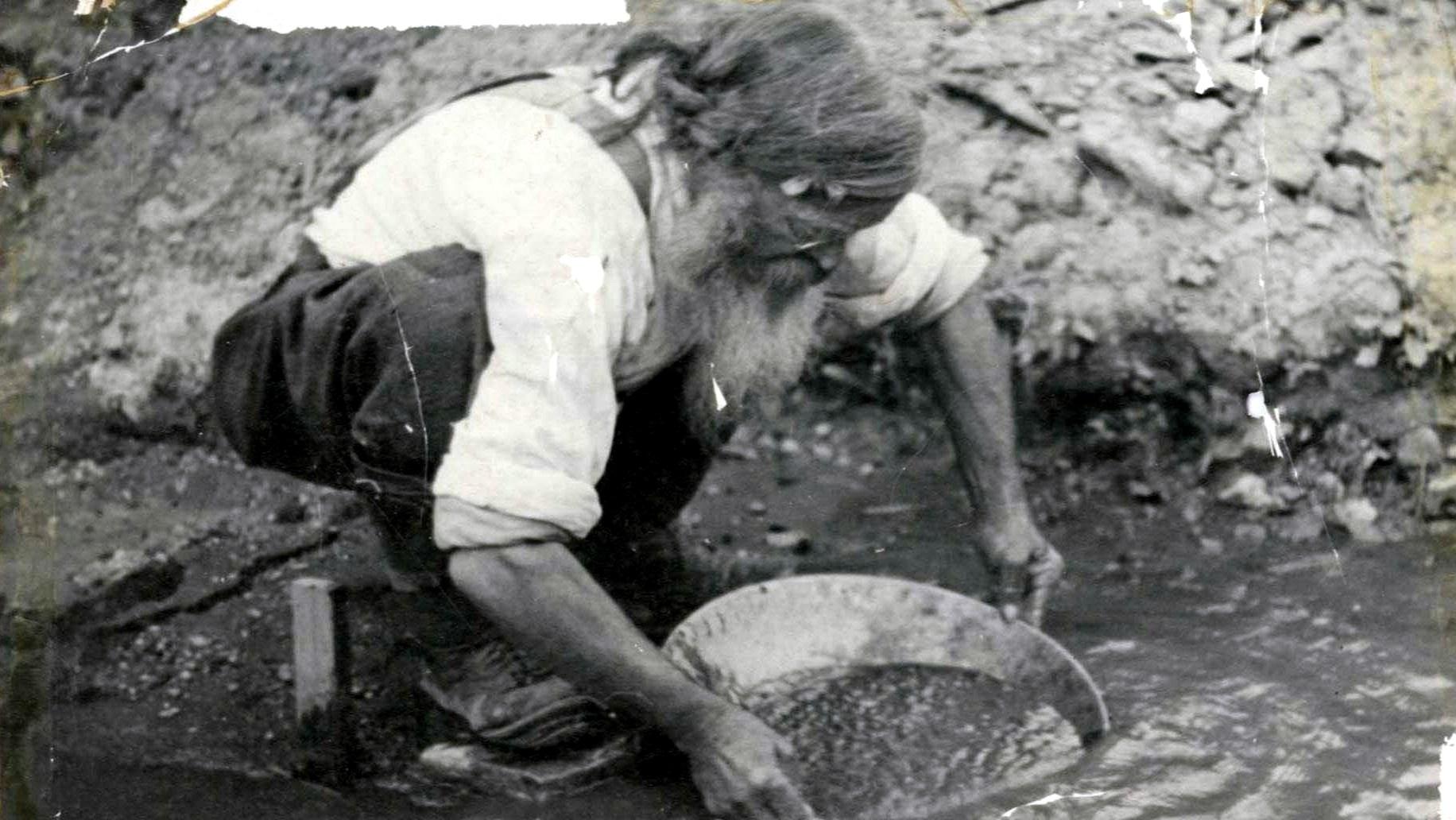 Older man with long grey beard panning for gold. 