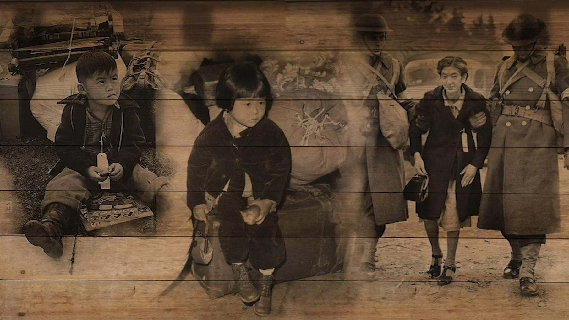 Archival images of a young boy, girl, and woman Japanese-American prisoners from the game. 