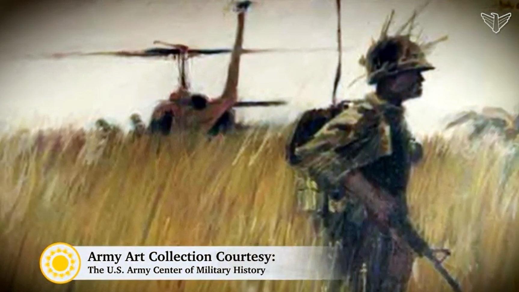 A painting of a soldier with a helicopter in the background. 