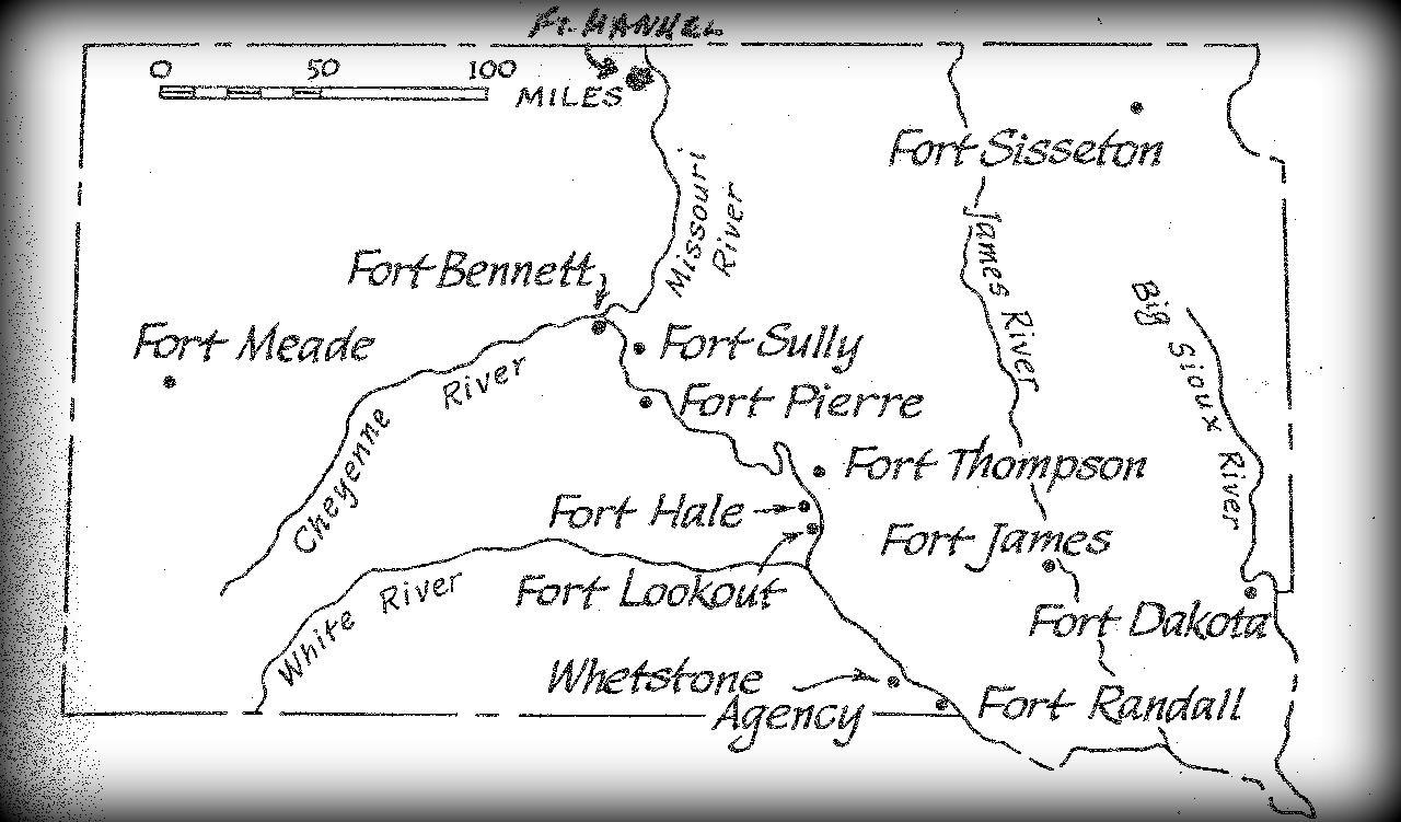 Archival map showing the South Dakota Military Forts. 