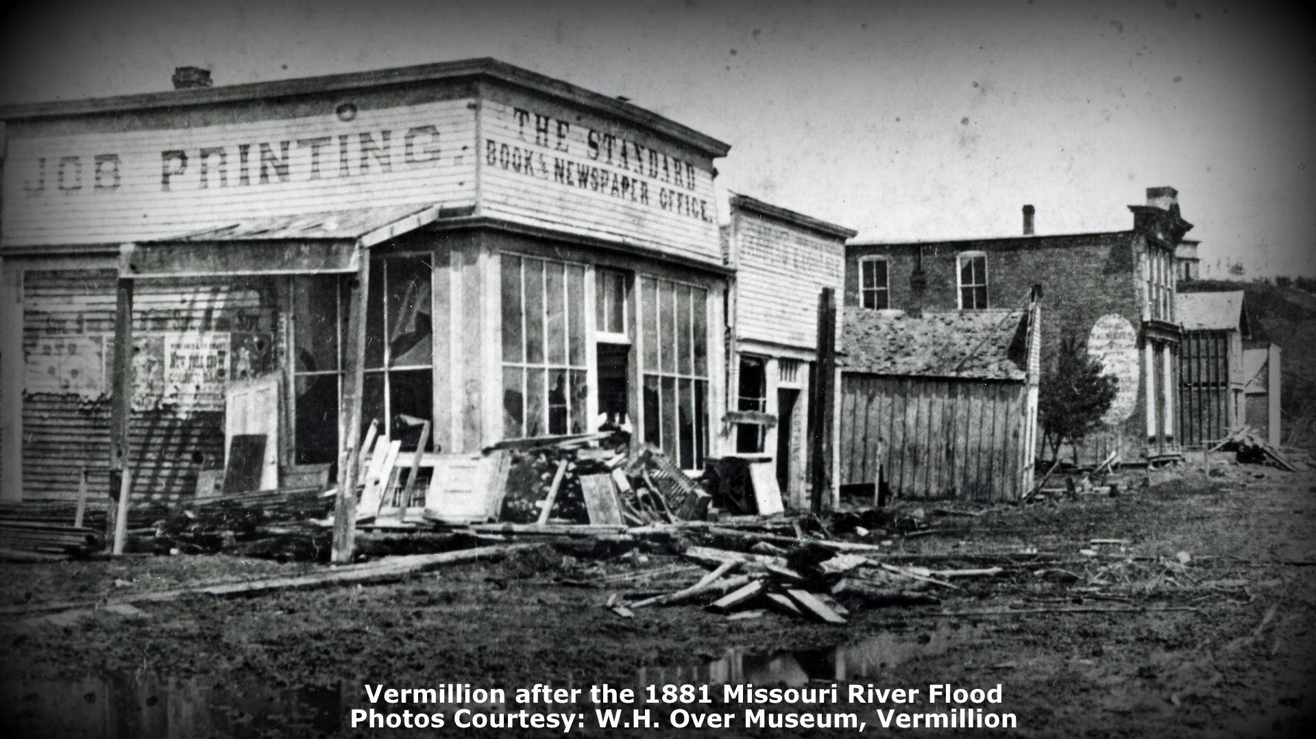 Damage shown to buildings after the 1881 flood in Vermilion, SD. 