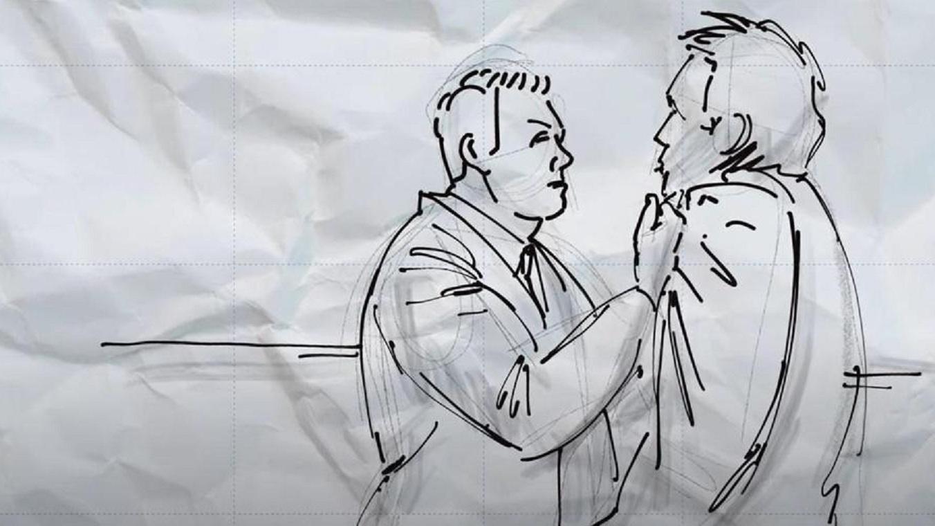 Drawing of one man in a suit grabbing another man by the collar. 