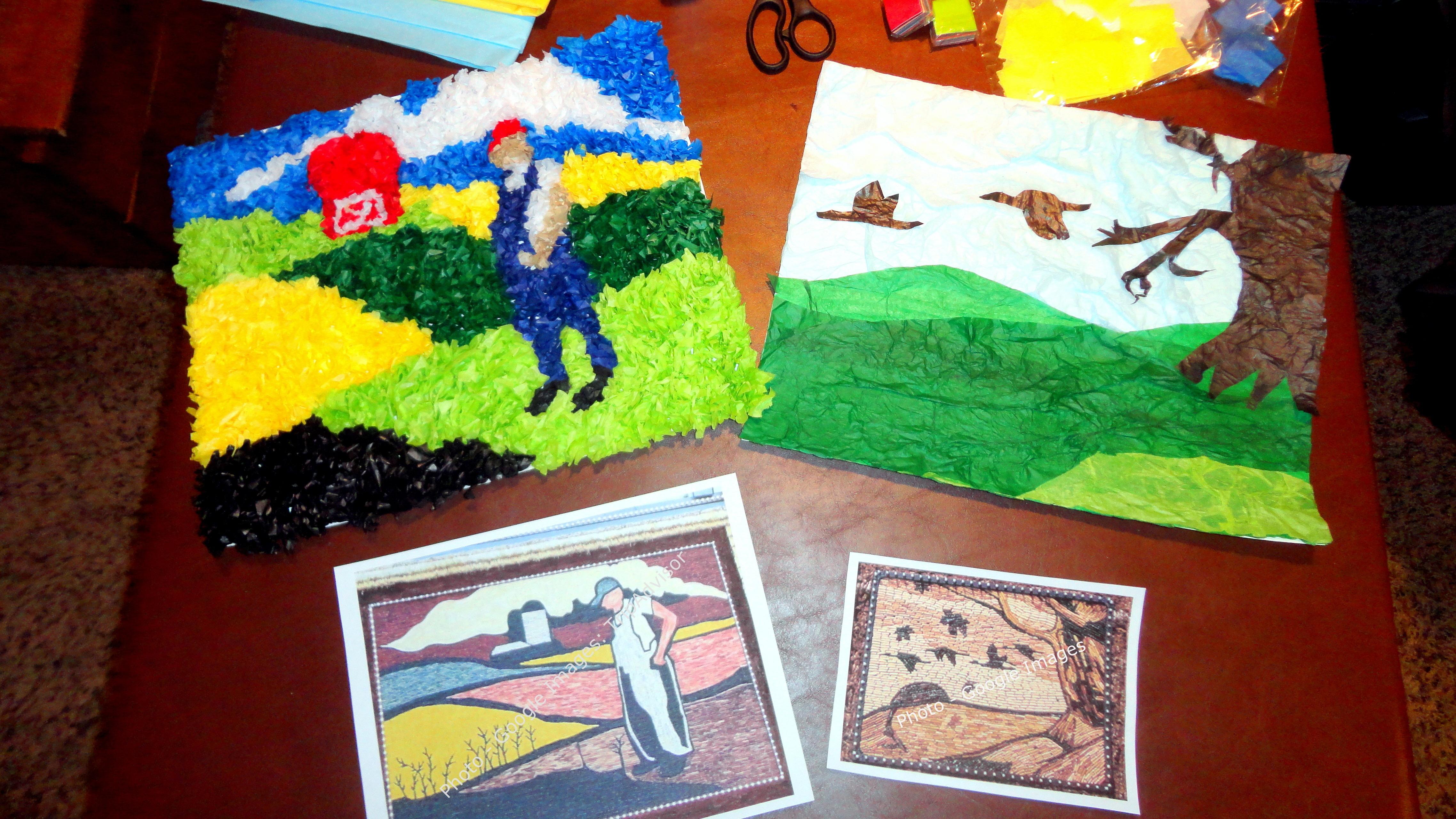 Decorative: Photo of artwork - photos of two original Corn Palace murals, one of a farmer and one of a bird scene. There are also two recreations made with tissue paper.  
