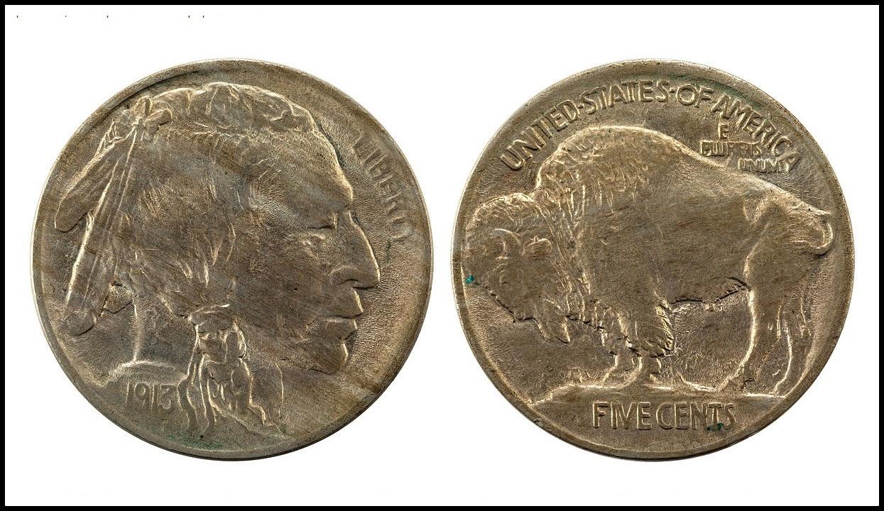 The front and back of a buffalo nickel. 