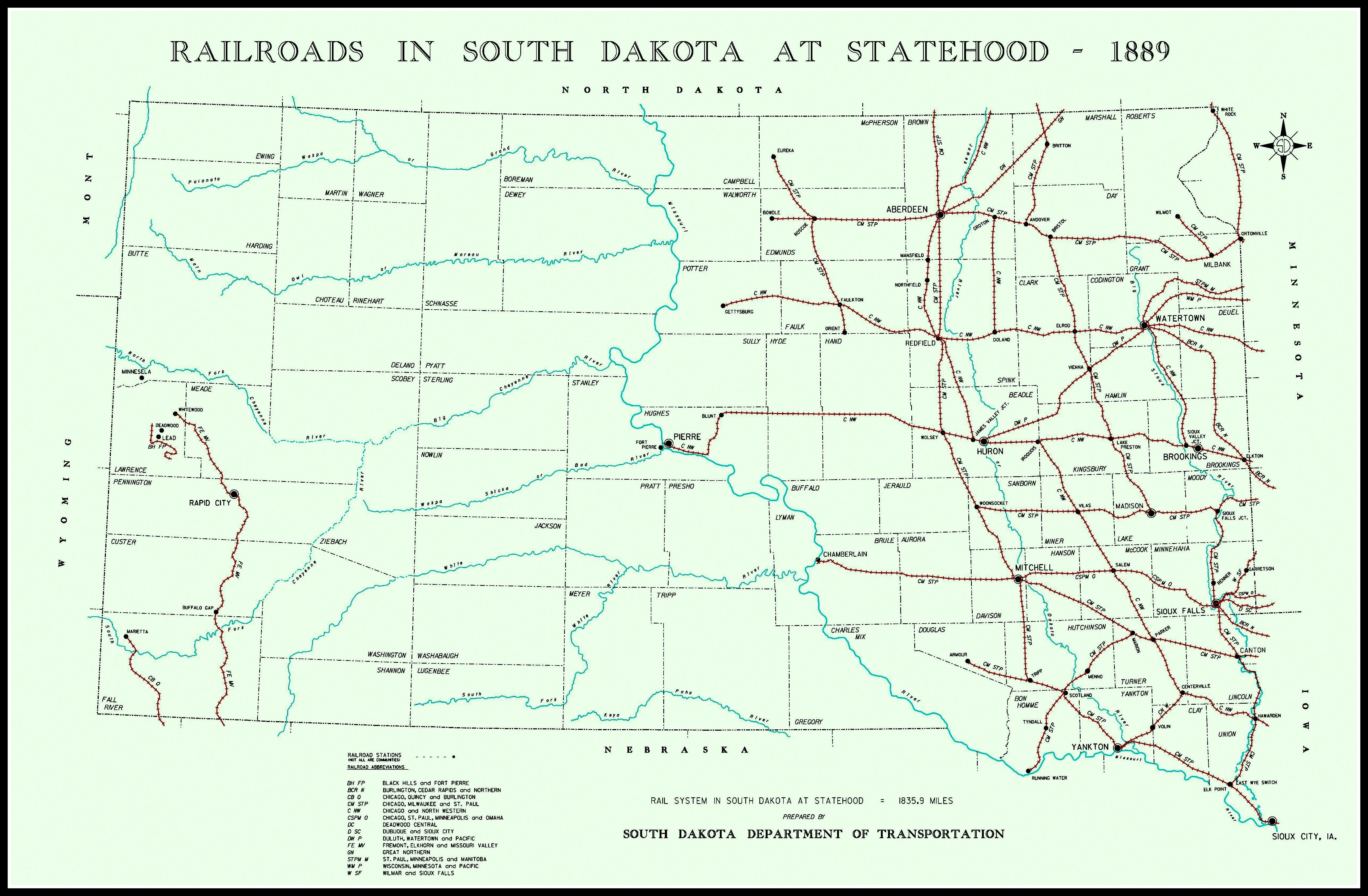 Railroads of South Dakota at Statehood 1889 map. 
