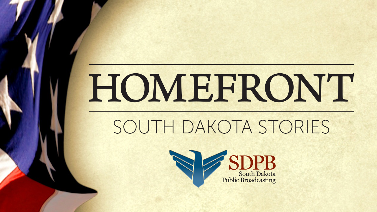 Decorative logo for Homefront South Dakota Stories, an American flag and SDPB bird are shown with text that says Homefront South Dakota Stories 