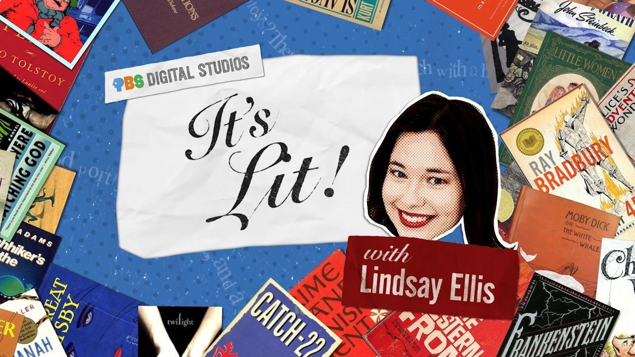 It's Lit graphic, a photo of a female, Lindsay Ellis is shown on a collage with a bunch of books. 