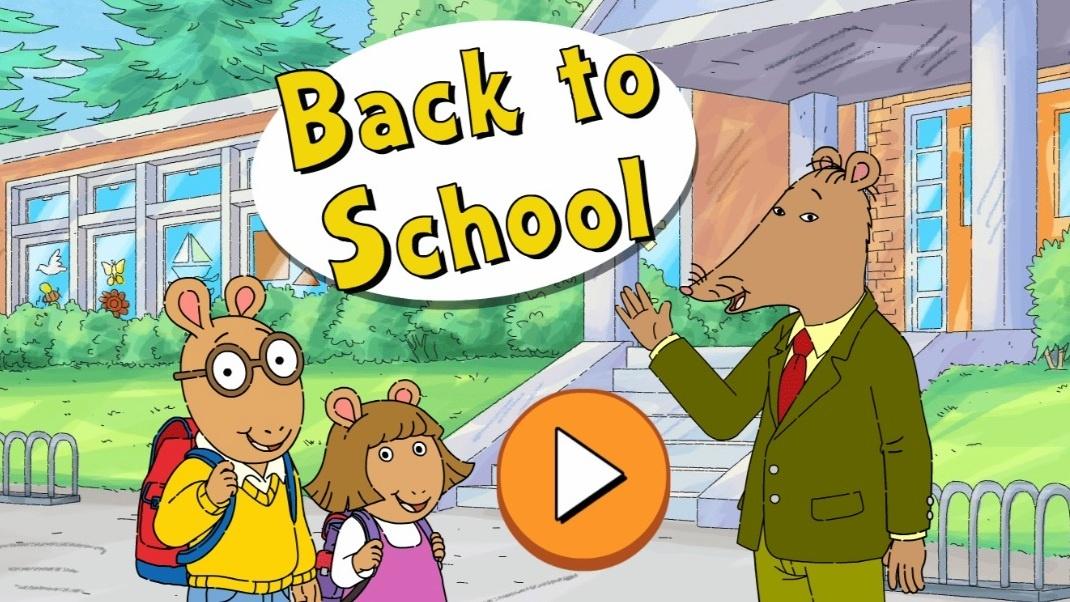 Arthur, his sister, and Mr. Ratburn from PBS KIDS are standing in front of a school. There is a sign that says Back to School and a play button.  