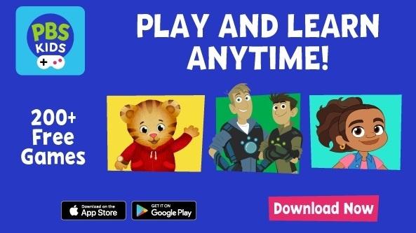 PBS KIDS Games graphic - 200 plus free games, Danielle Tiger, the Wild Kratts Brothers, and Alma are shown. 