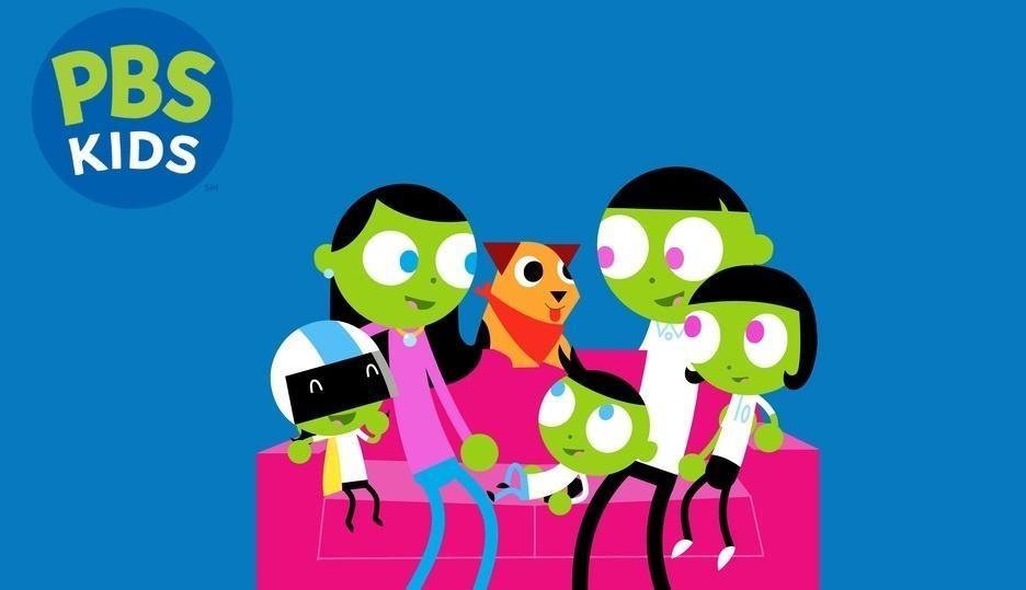 Animated family sitting on a couch. They are green with round faces. There are three kids with one wearing a helmet. There is a dog on the couch and a mom and dad. 