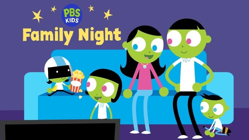 A green animated family is sitting in front of a TV; the mom, dad, and one child are on the couch, the child is holding a bag of popcorn. Another child is standing in front of the couch and a small child is sitting on the floor. 