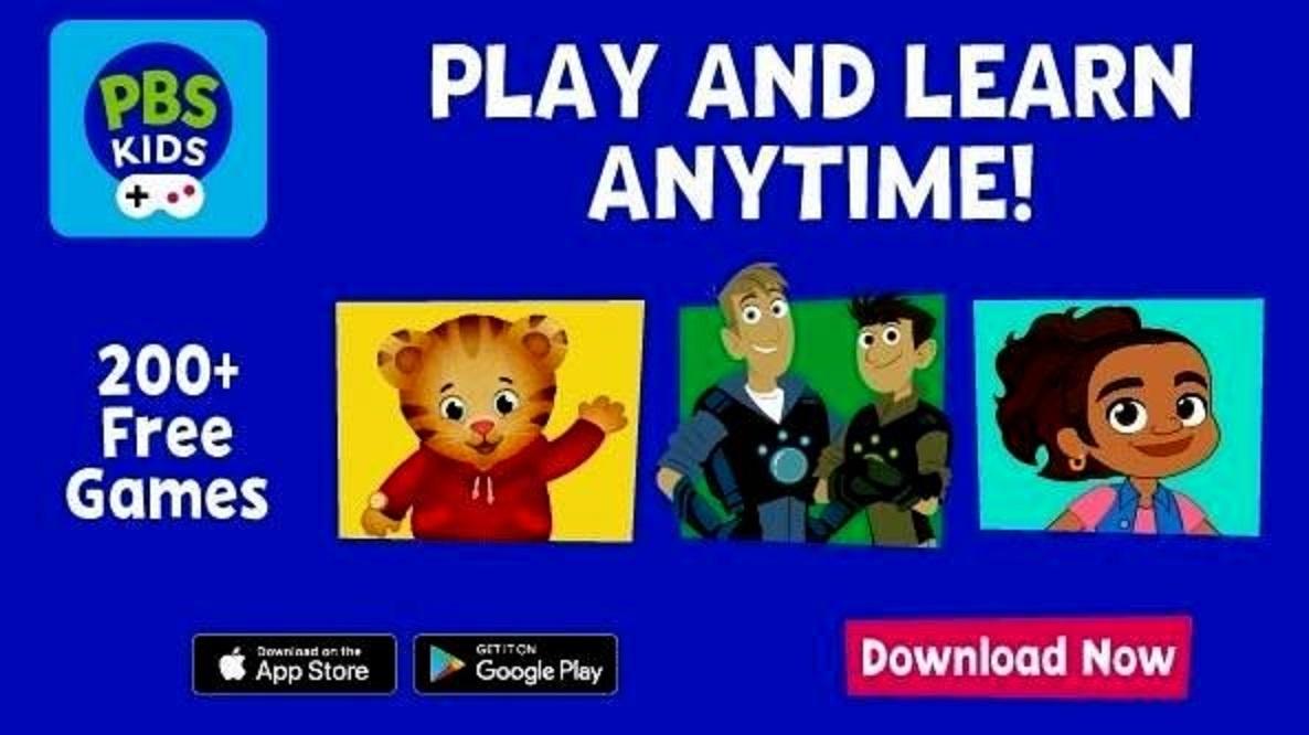 PBS KIDS Play and Learn Anytime graphic. There is a picture of Daniel Tiger, Wild Kratts brothers, and Alma.  