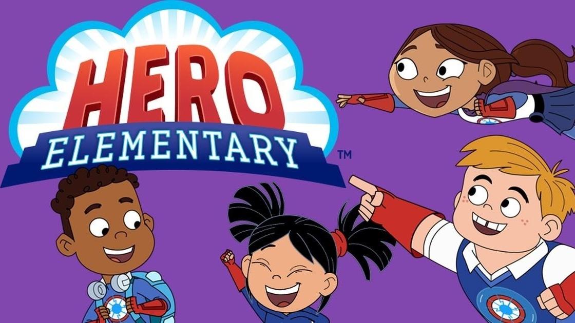 Three animated superhero students are standing next to the words Hero Elementary. Another student is flying towards the Hero Elementary sign.  