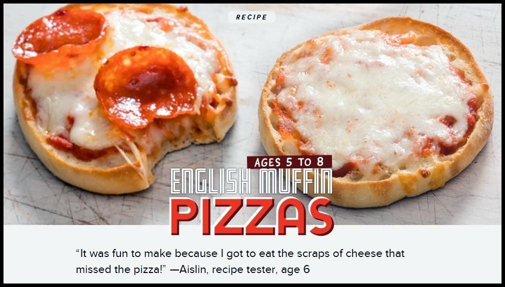Two English muffin pizzas are shown, one is peperoni, and the other is cheese. 