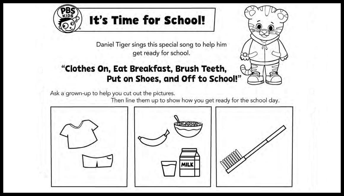 Image of Daniel Tiger's It's Time for School coloring worksheet. There are three boxes, one shows Daniel's shirt and shots, the next shows his breakfast (cereal, banana, and milk), and last on has his toothbrush.  