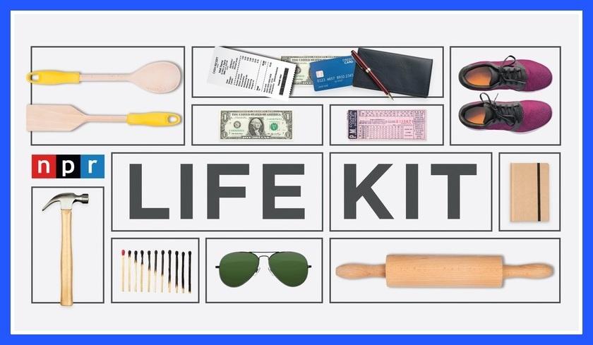 NPR Life Kit Graphic, which includes, images of wooden spoons, a dollar bill, checkbook, pair of purple shoes, hammer, sunglasses. and a rolling pin.  
