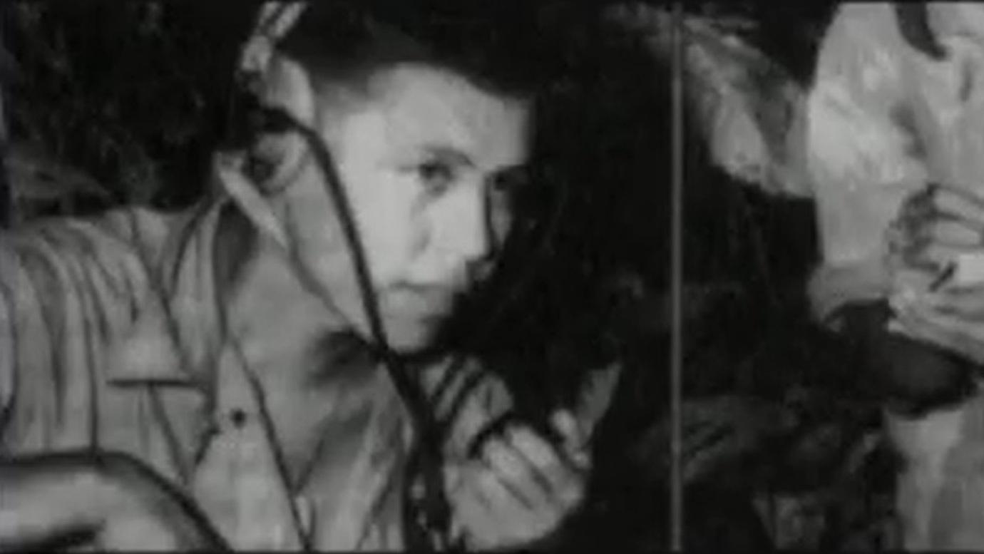 Archival photos of a young Native American man with headphones and microphone. 