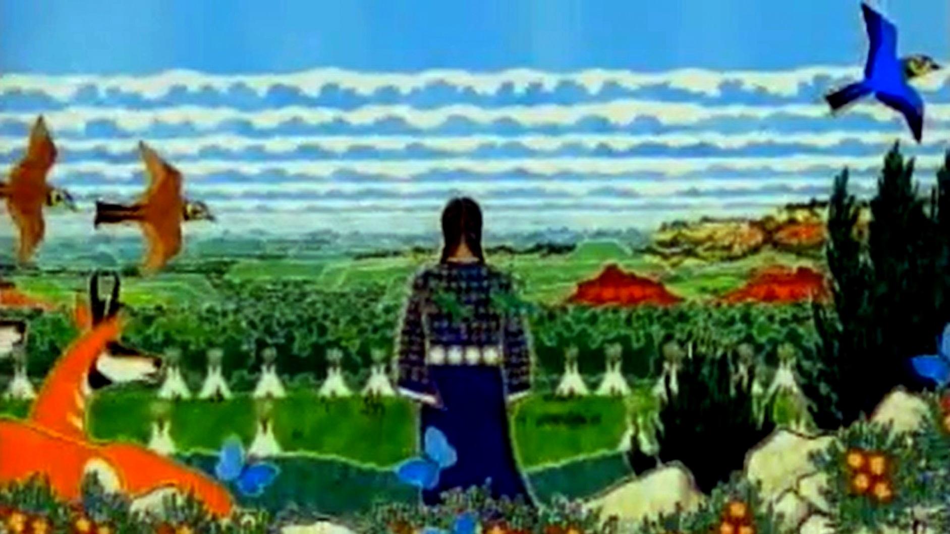 Decorative artwork of a Native American woman walking into the wilderness, with many animals present, including birds, butterflies, and antelope. 