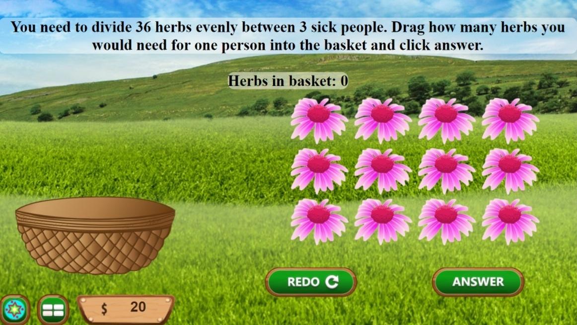 A screenshot from the Making Camp Dakota game. There is a small basket next to 12 pink flowers with a prairie scene in the background. 