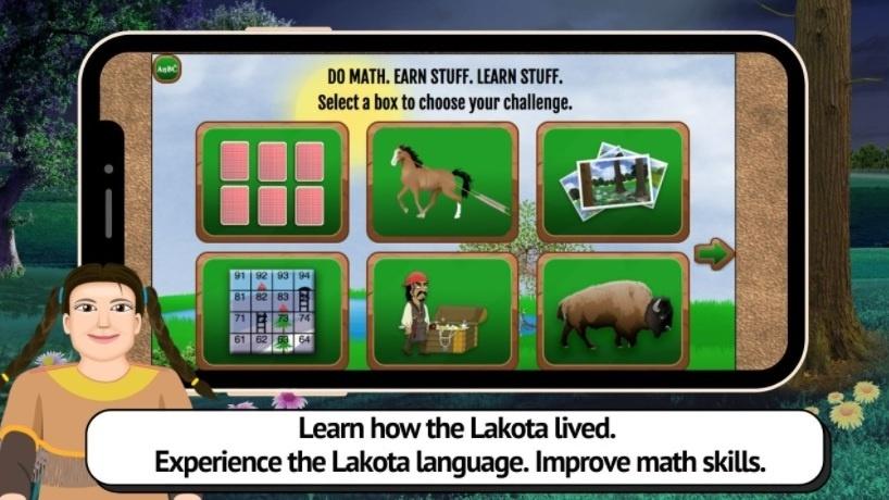 Decorative screenshot of the Making Camp Lakota game. An animated young Lakota woman is standing by six pictures, one of playing cards, of a horse, of photos, a grid, a pirate next to a treasure chest, and a buffalo. 