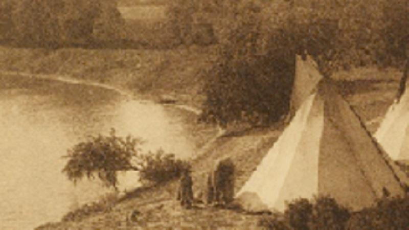 Images of a teepee next to a small body of water. 
