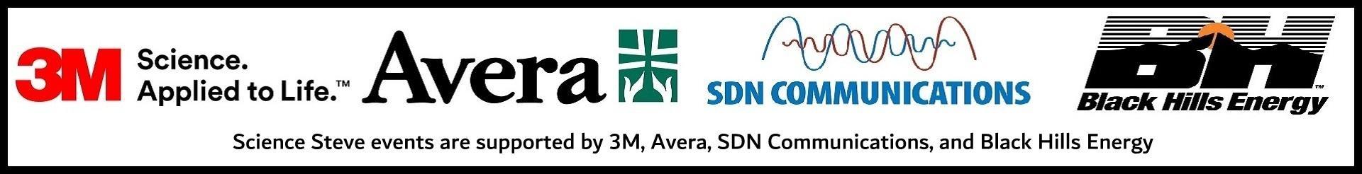 Decorative - Science Steve logo - 3M, Avera, SDN Communication, and Black Hills Energy are Science Steve supporters. 