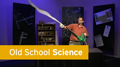 Old School Science graphic - Science Steve is shown holding a leaf blower propelling toilet paper in the air.