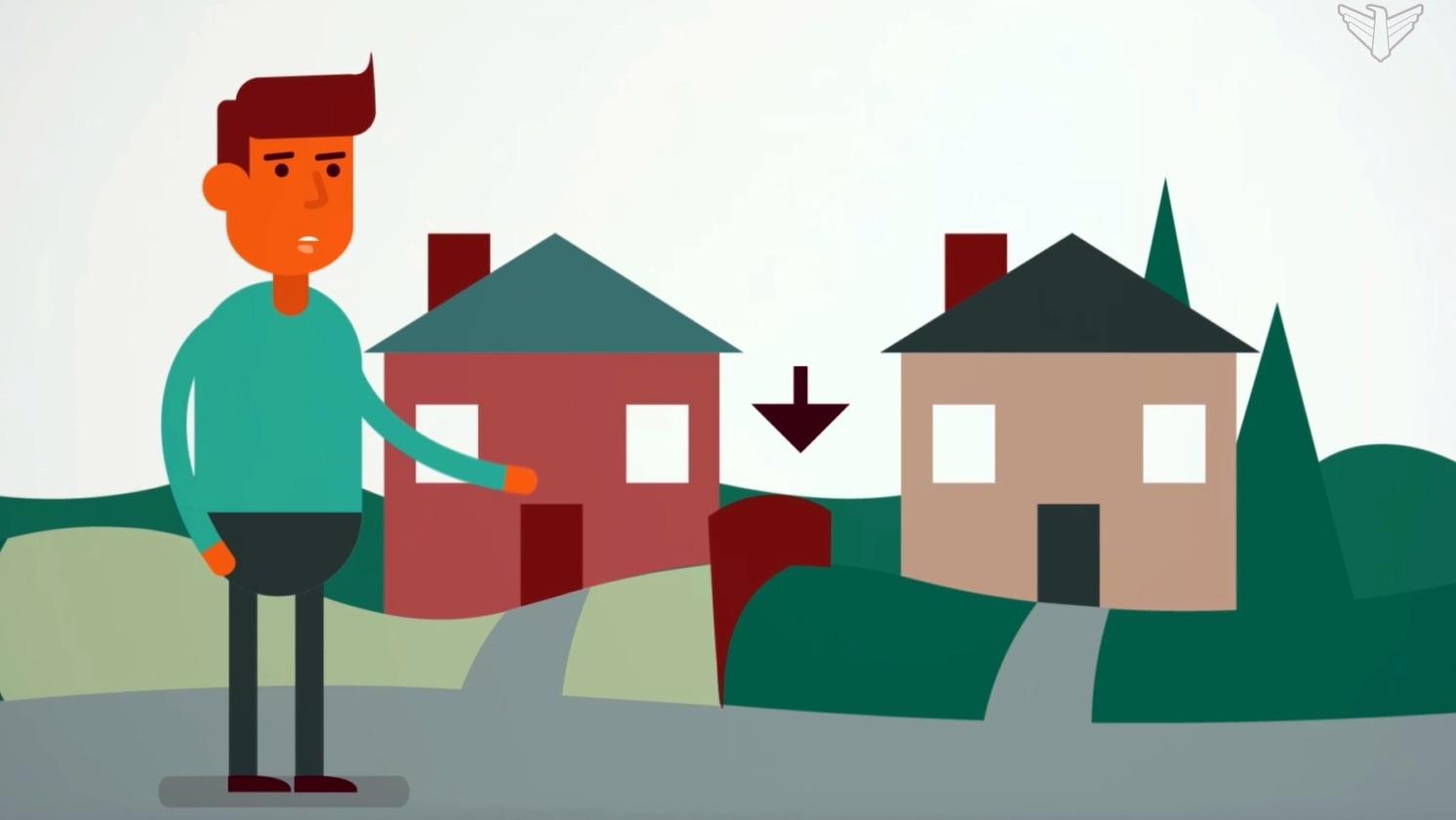 Animated boy standing next to two houses. with a fence in-between them. There is an arrow above the fence. 