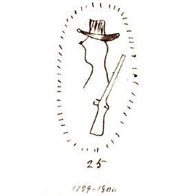Drawn image - profile of man wearing a top hat with a rifle next to him. 