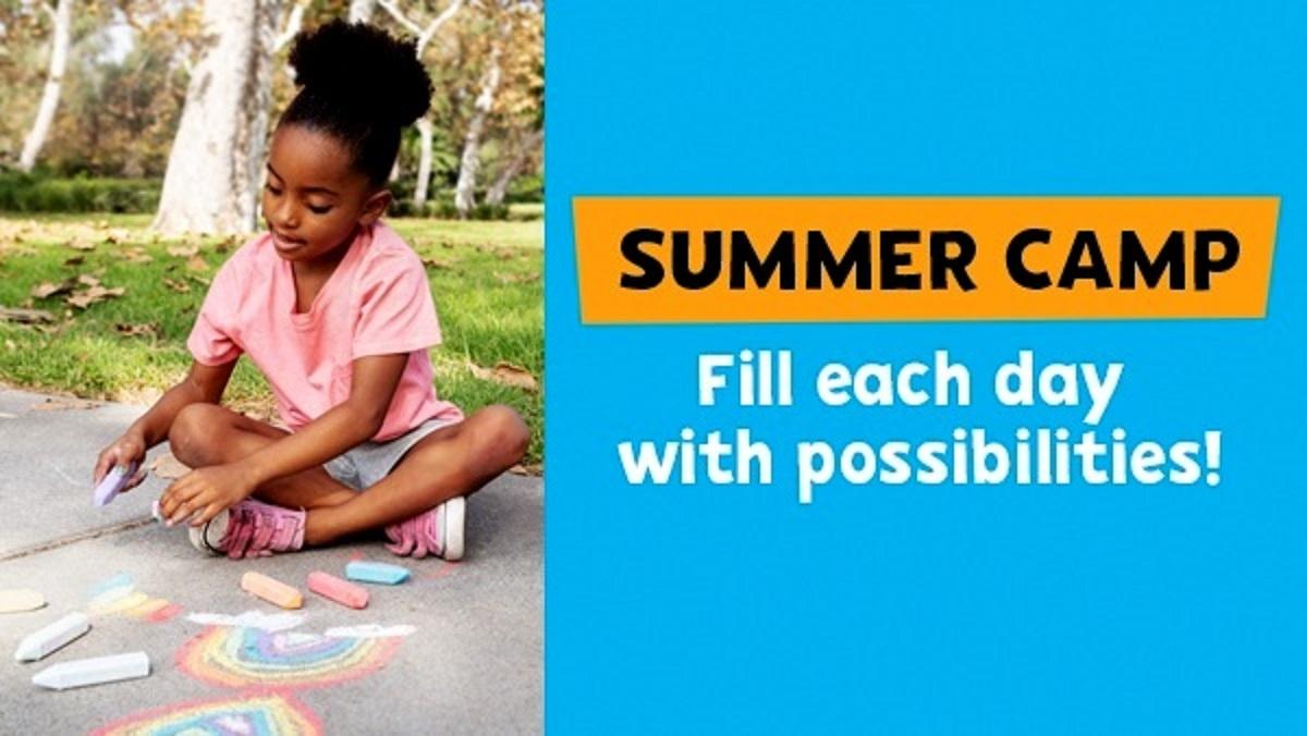 Summer Camp graphic, Fill each day with Possibilities! Young girl drawing on sidewalk with chalk. 