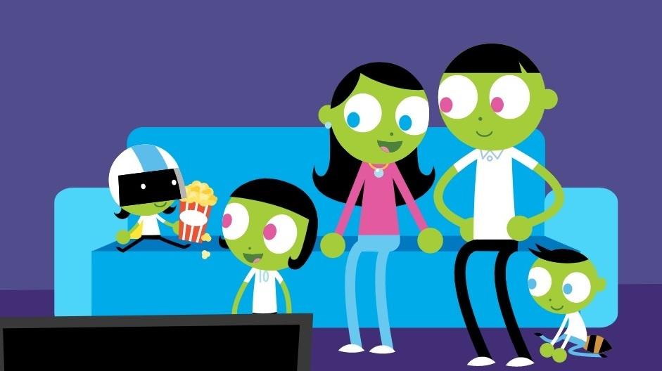 PBS KIDS Family night graphic - family of green avatars sitting on a couch watching TV. One of the kids is sitting on the couch wearing a helmet and has a bag of popcorn. One of the kids is standing in front of the couch and one is sitting on the floor. The parents are sitting on the couch. 
