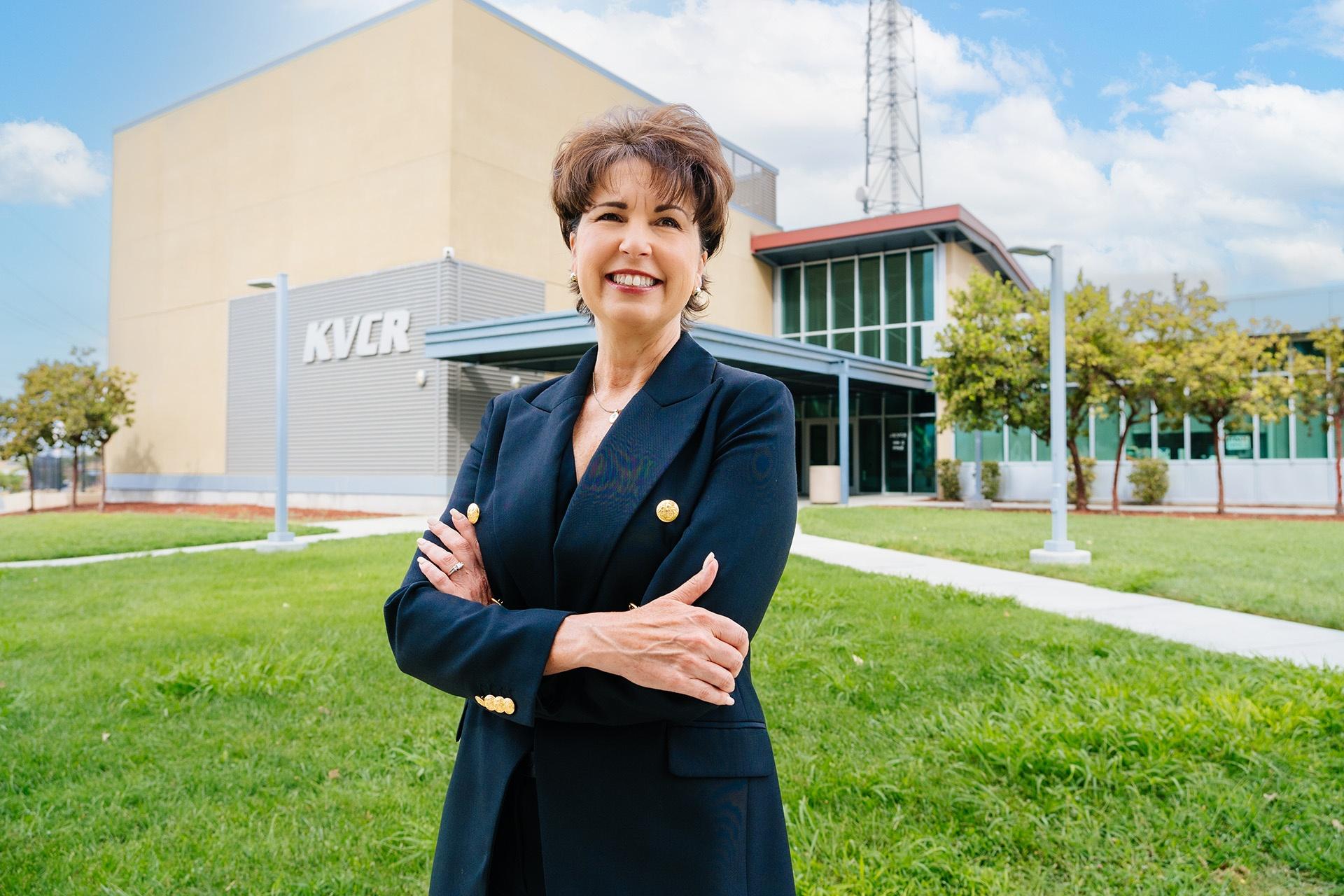 Connie Leyva in front of the KVCR studio located at the San Bernardino Valley College campus (Photo credit: Erick Zambrano/SBCCD)