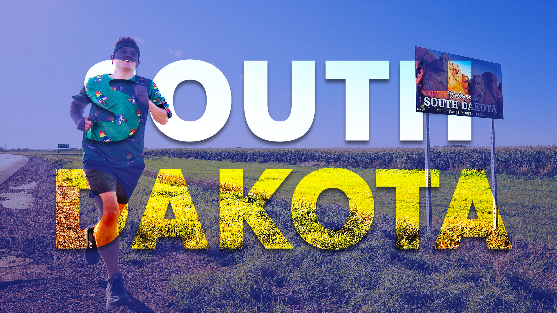 Photo of Mikah Meyer running by the "Welcome to South Dakota" sign.