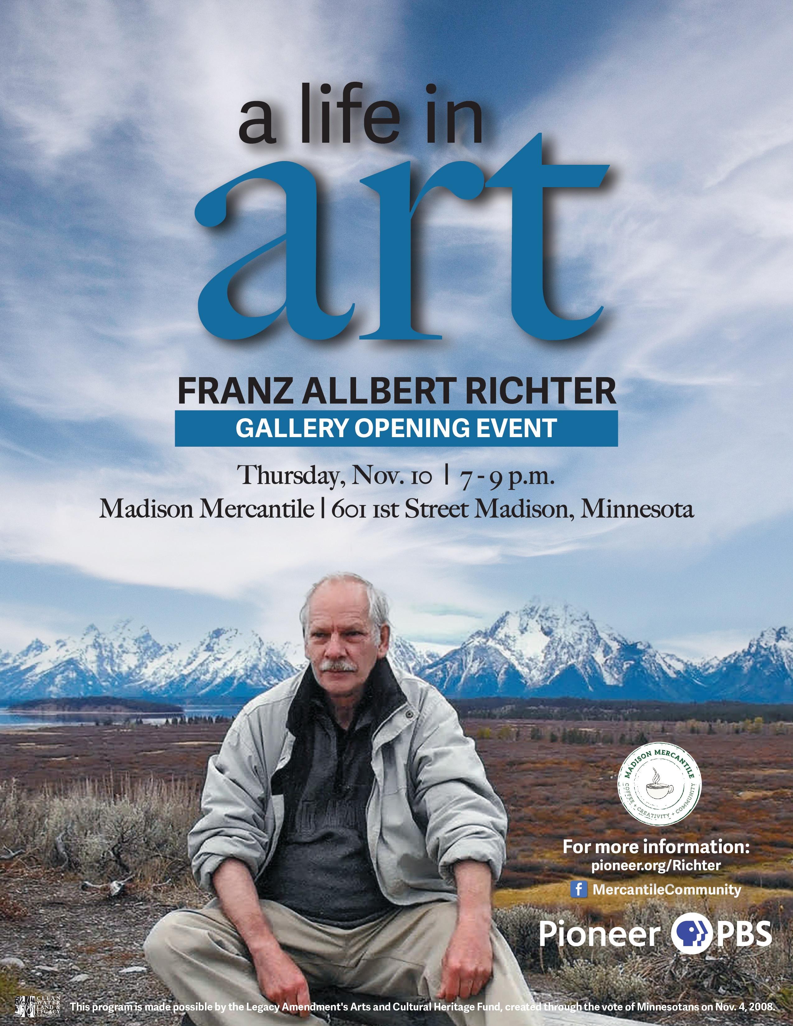 A gallery opening event featuring a lifetime of work by Clarkfield artist Franz Allbert Richter will be held on Thursday, November 10 from 7 to 9 p.m. at the Madison Mercantile at 601 First Street in Madison. 
