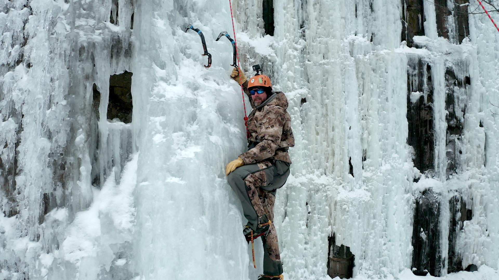 Bret is climbing on ice