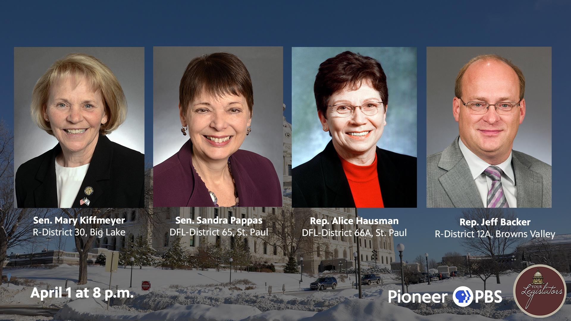 A photo of Download a photo of Sen. Mary Kiffmeyer (R), Sen. Sandra Pappas (DFL) District 65, Rep. Alice Hausman (DFL) District 66A and Rep. Jeff Backer (R) District 12A.