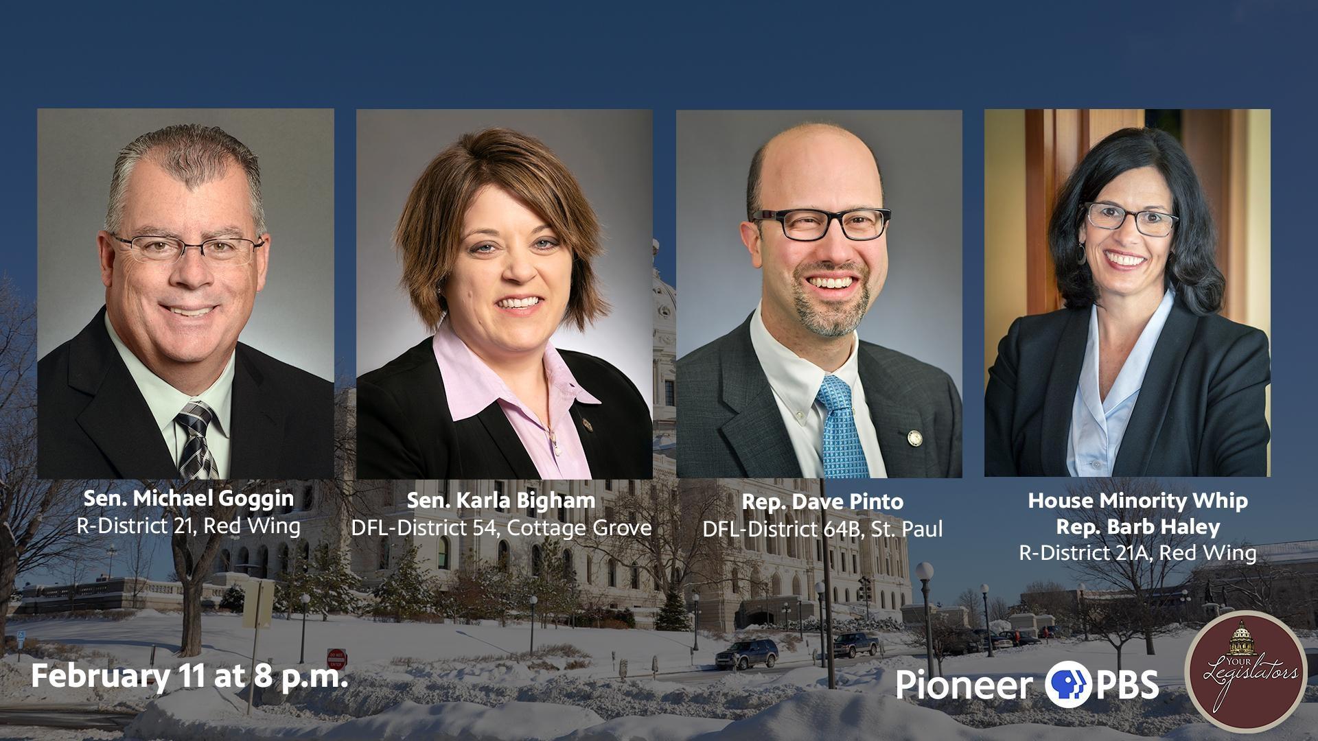 Download a photo of Sen. Michael Goggin (R), Sen. Karla Bigham (DFL), Rep. Dave Pinto (DFL) and Rep. Barb Haley (R).