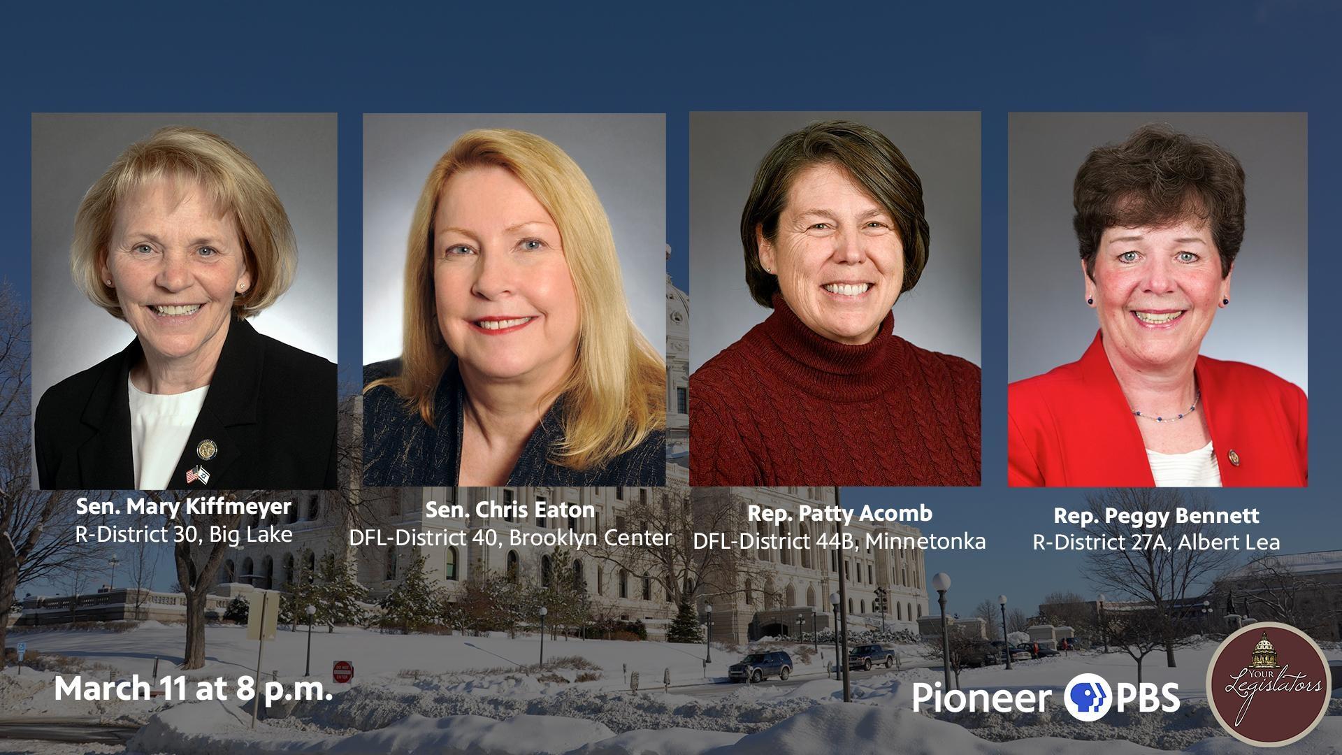 A photo of Sen. Mary Kiffmeyer (R), Sen. Chris Eaton (DFL), Rep. Patty Acomb (DFL) and Rep. Peggy Bennett (R).