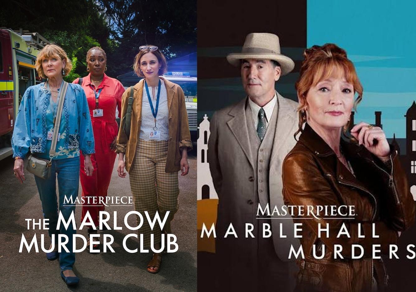 Two stills featuring the cast members of the upcoming Masterpiece Mystery series The Marlow Murder Club and Marble Hall Murders.