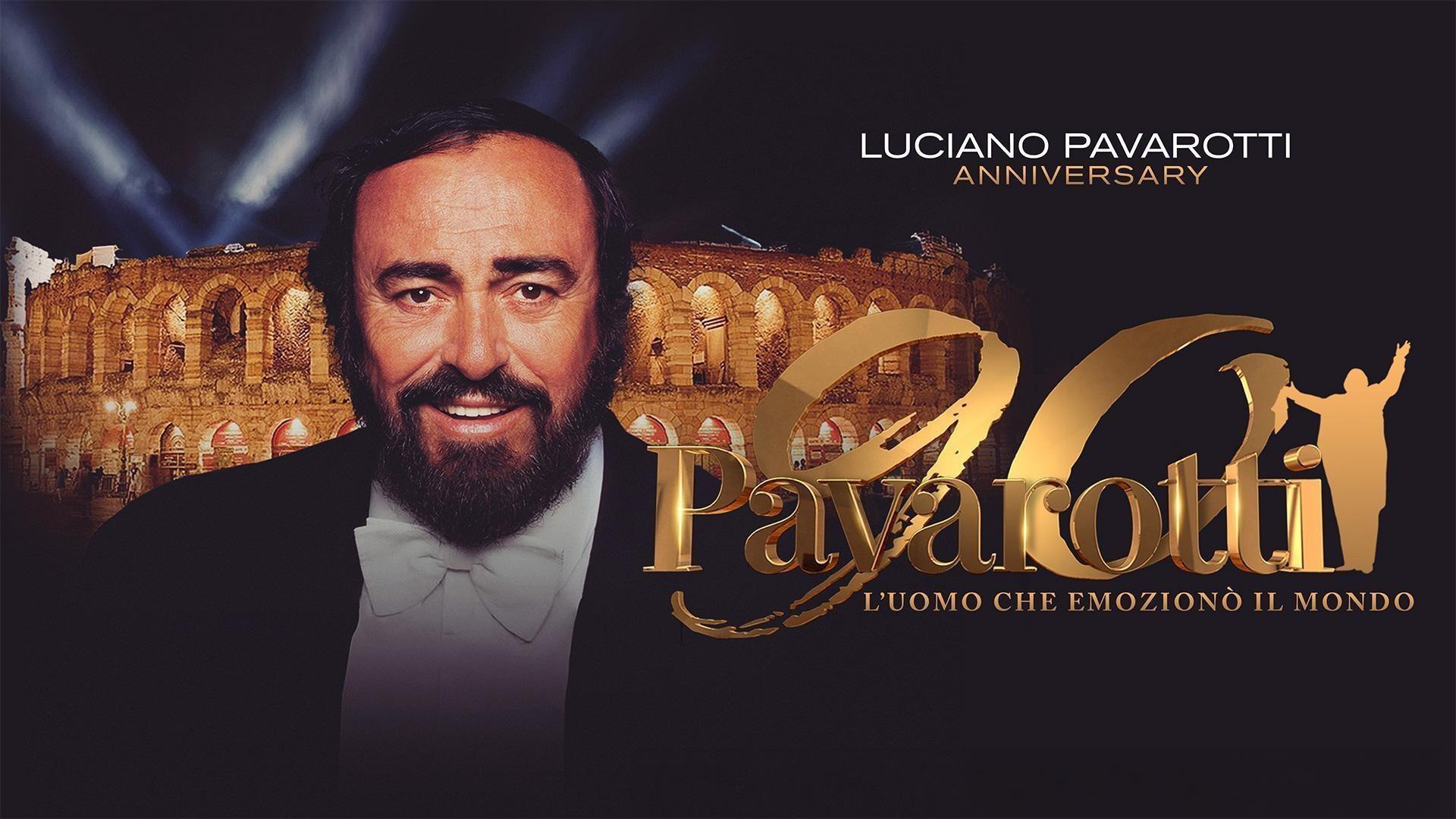 A portrait of famed tenor Luciano Pavarotti wearing a tuxedo. The title of the program is Pavarotti 90.