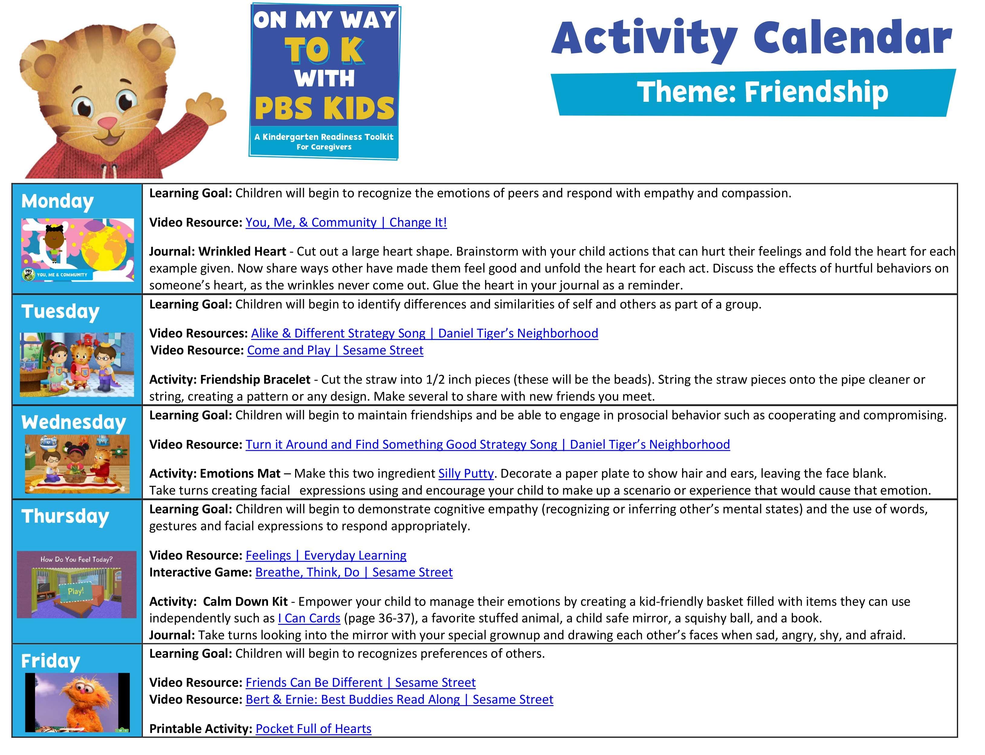 Friendship Activity Calendar