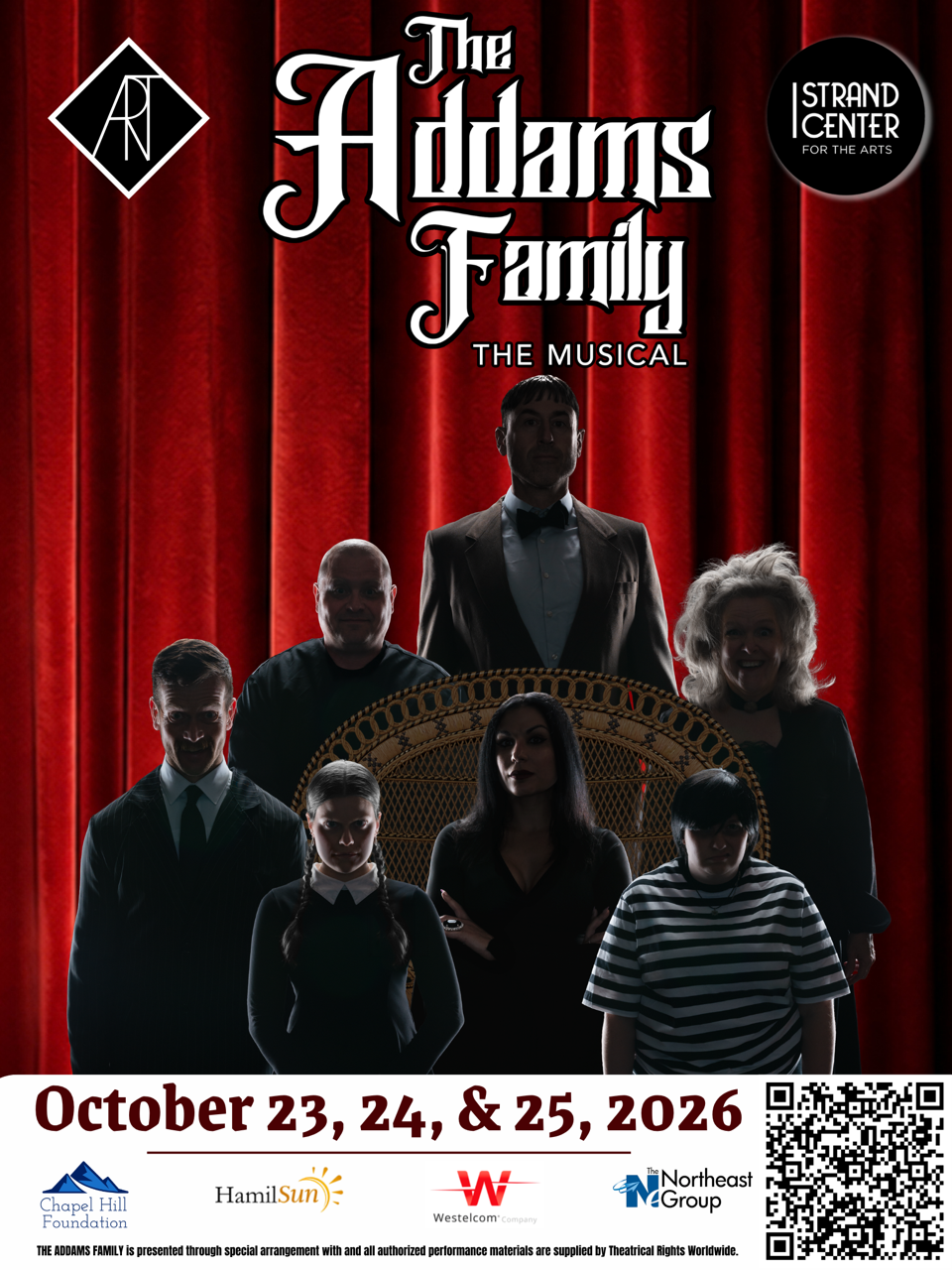 Photo advertising The Addams Family musical, family members showing their silhouette as they stand in front of a red curtain. Showcases the dates October 23rd, 24th, and 25th, 2026. Lists the Chapel Hill Foundation, HamilSun, Westelcom Company, and The Northeast Group. Has a scannable QR code on bottom right.