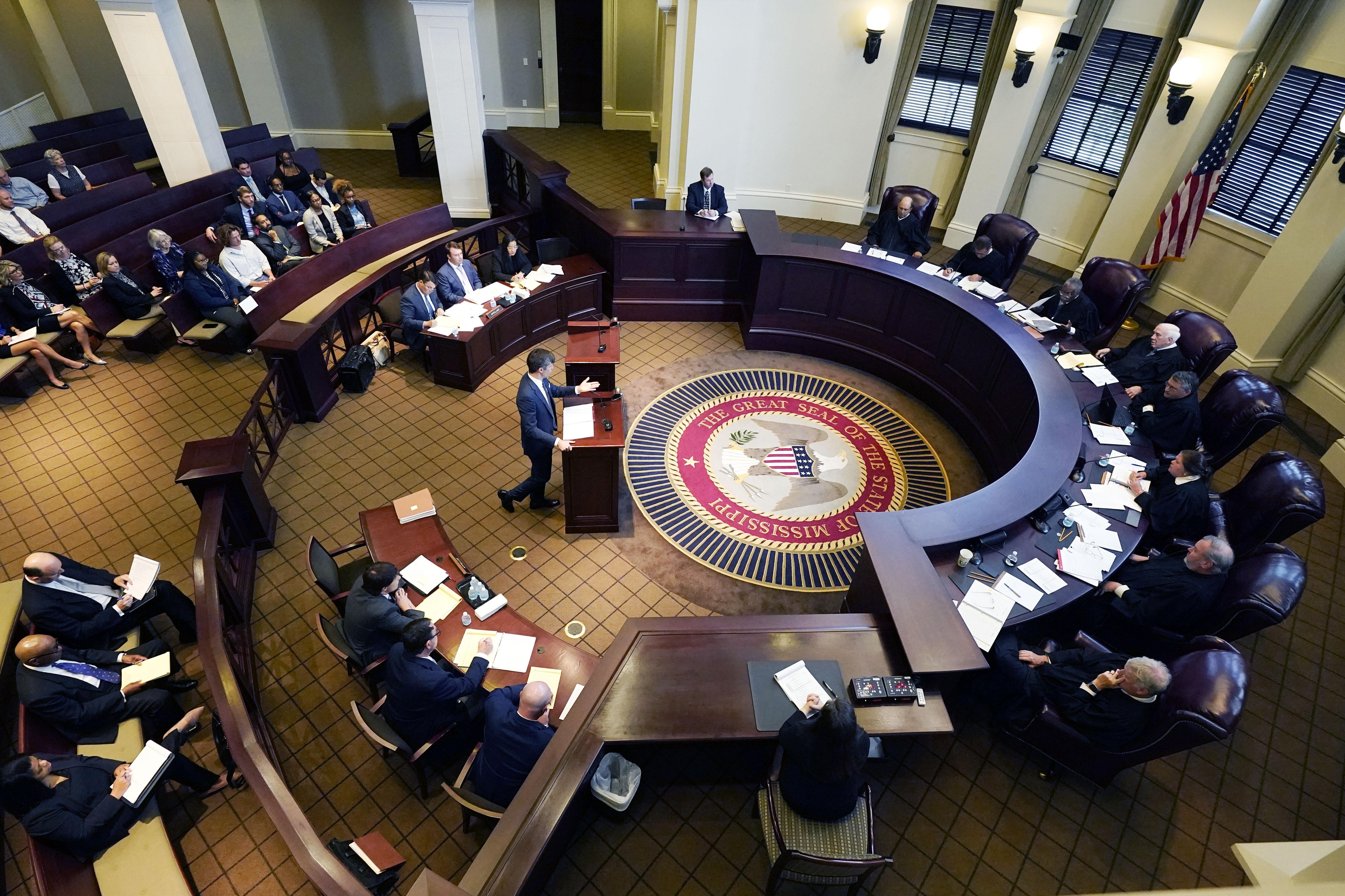 Inside the Mississippi Supreme Court. Justices are listening to arguments in this July 6, 2023 photo. 