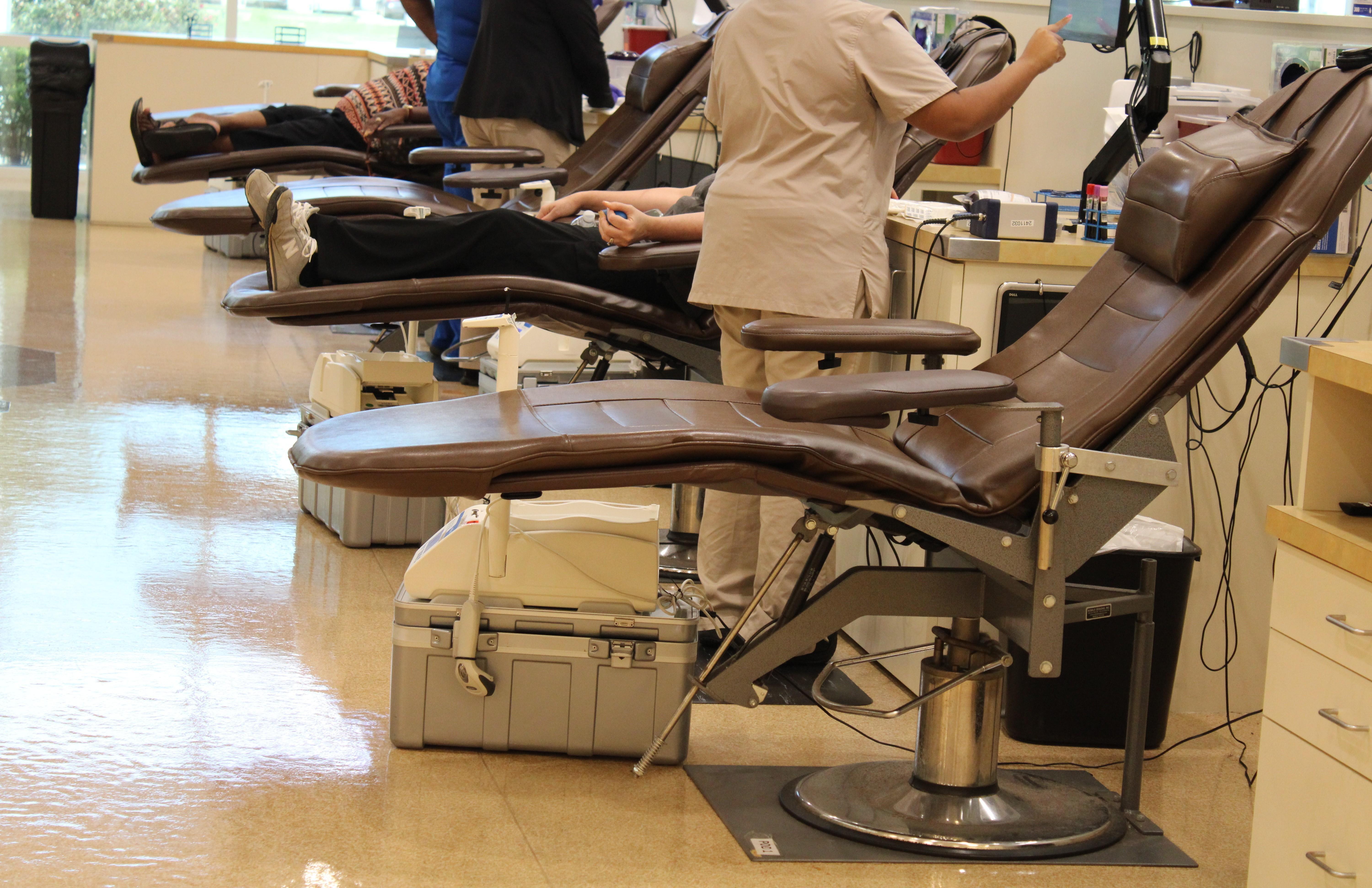 Blood donation reclining seats are seen.