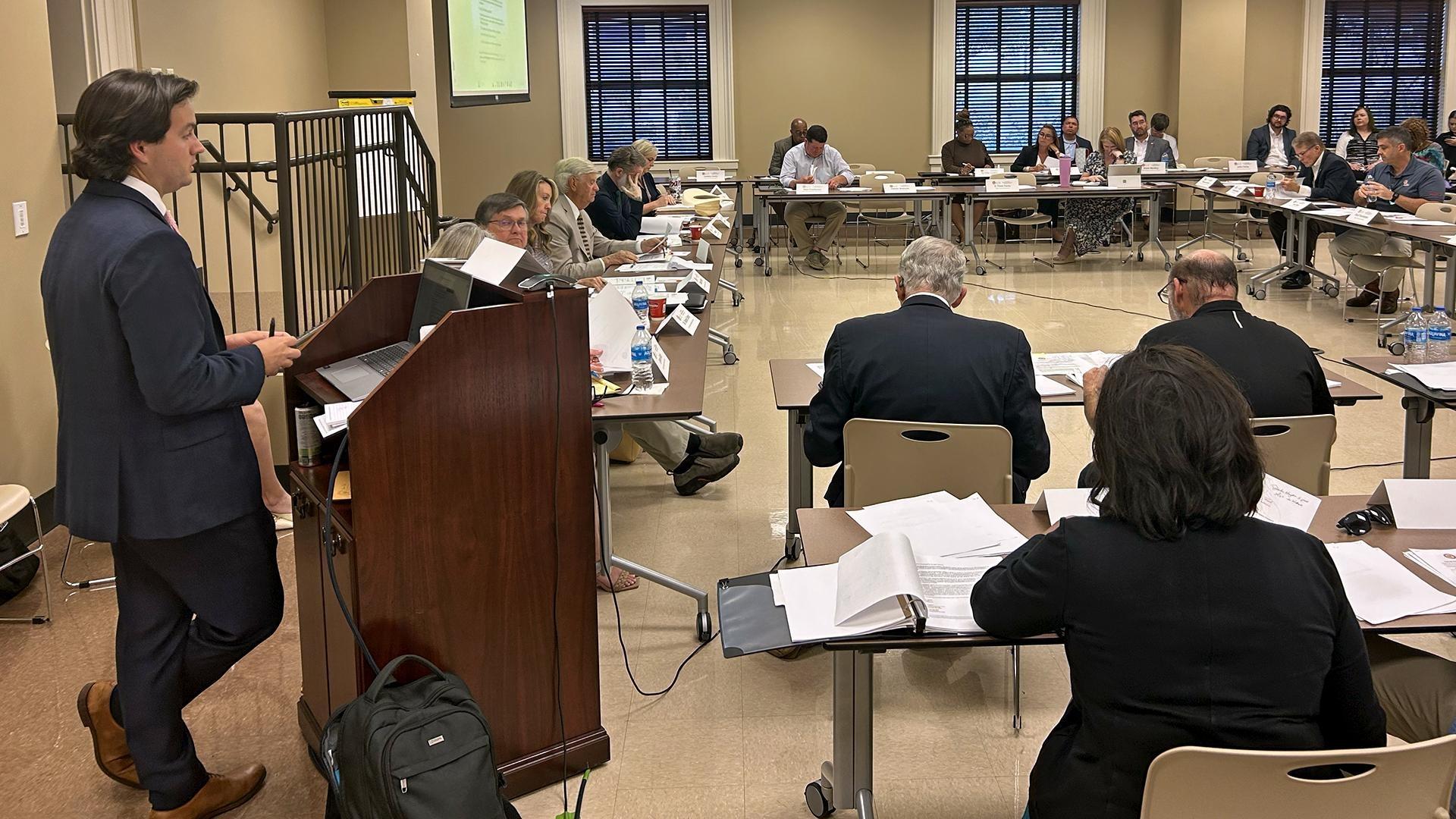 Mississippi Attorney General special assistant Caleb Pracht moderates the second meeting of the Mississippi Opioid Settlement Fund Advisory Council in Jackson, Mississippi, on Friday, August 9, 2025.