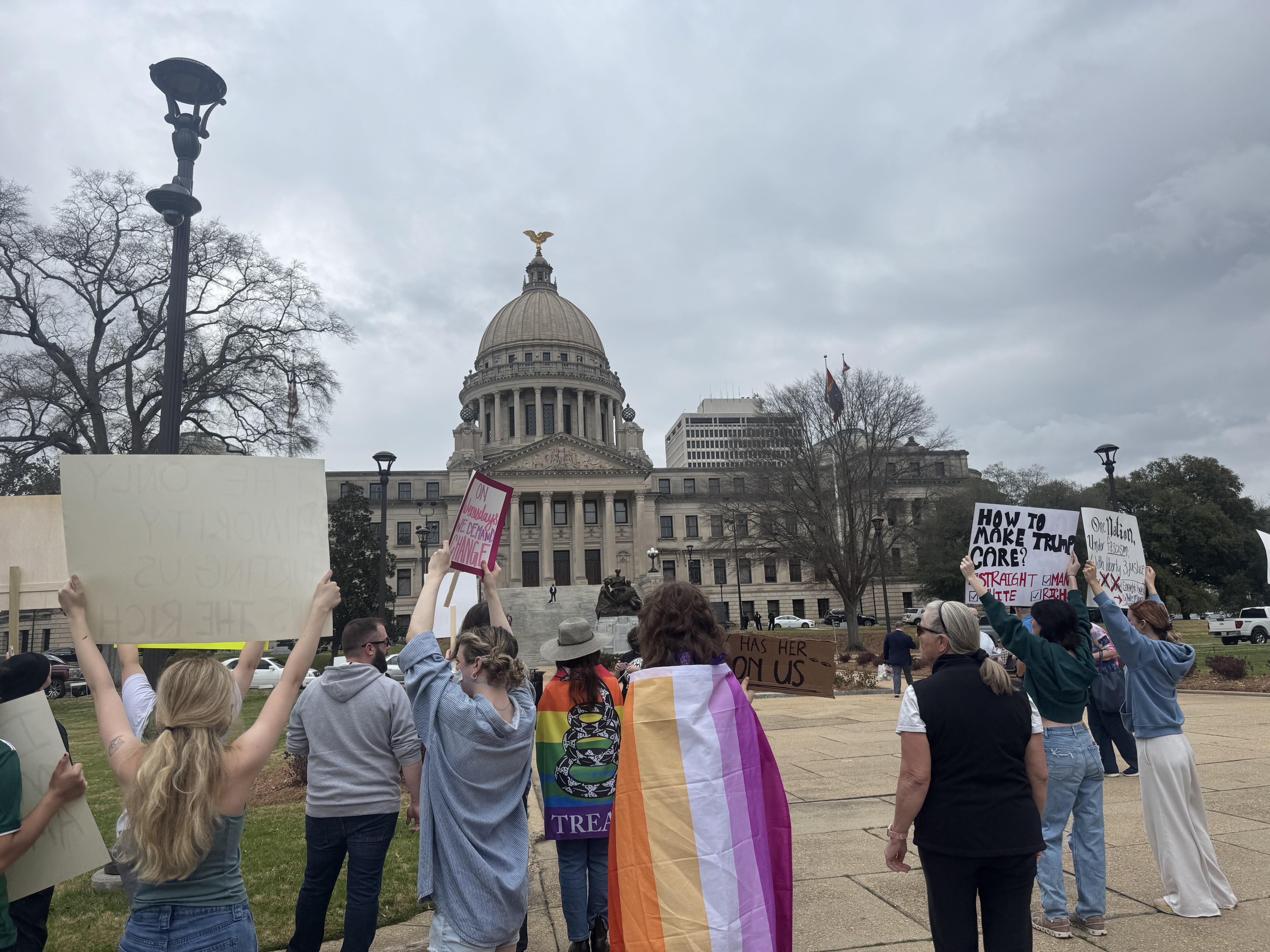 Demonstrators rally outside the state capital in Jackson.