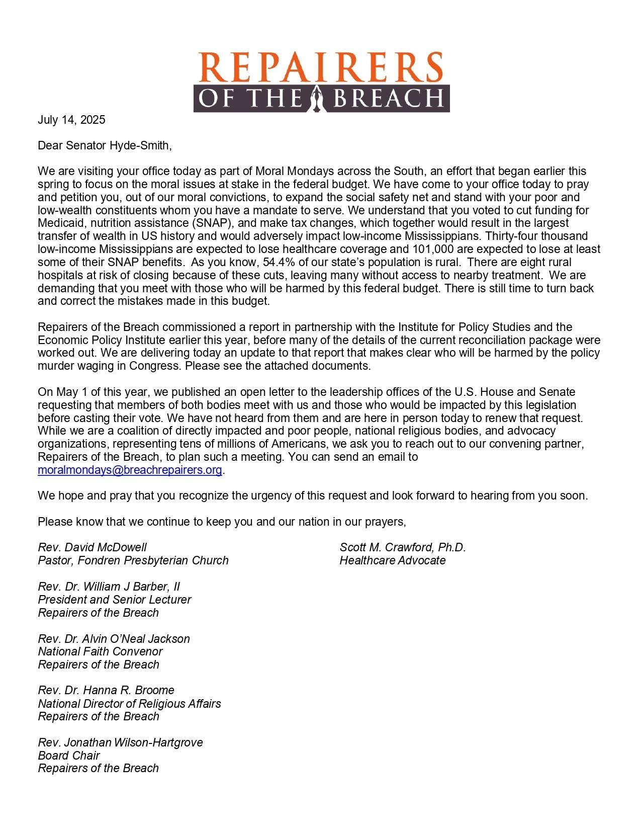 A letter to Senator Cindy Hyde-Smith urges for her to repeal the "big, beautiful bill."