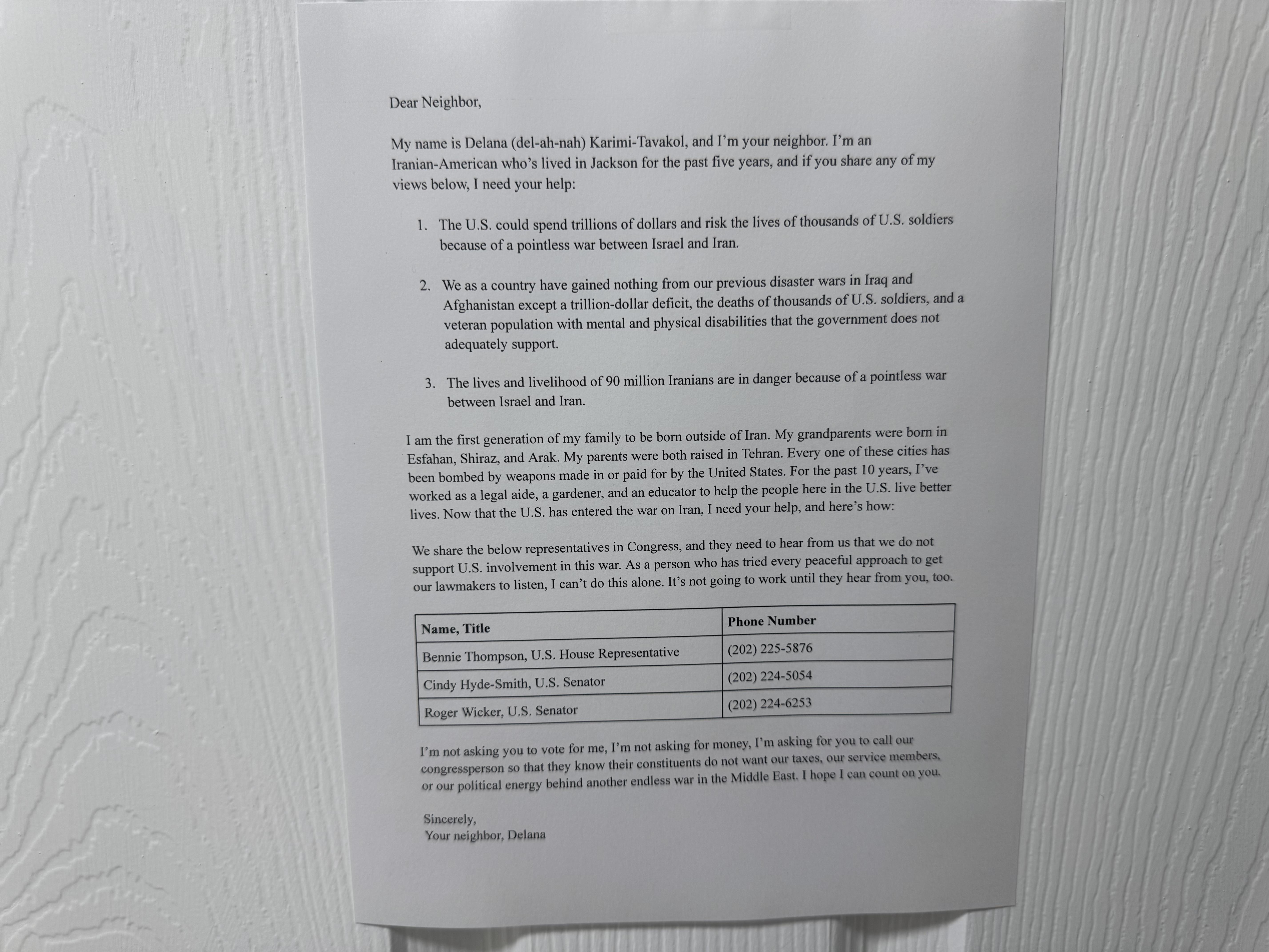 A letter discussing congressional leaders to contact to protest any further U.S. involvement in Iran.