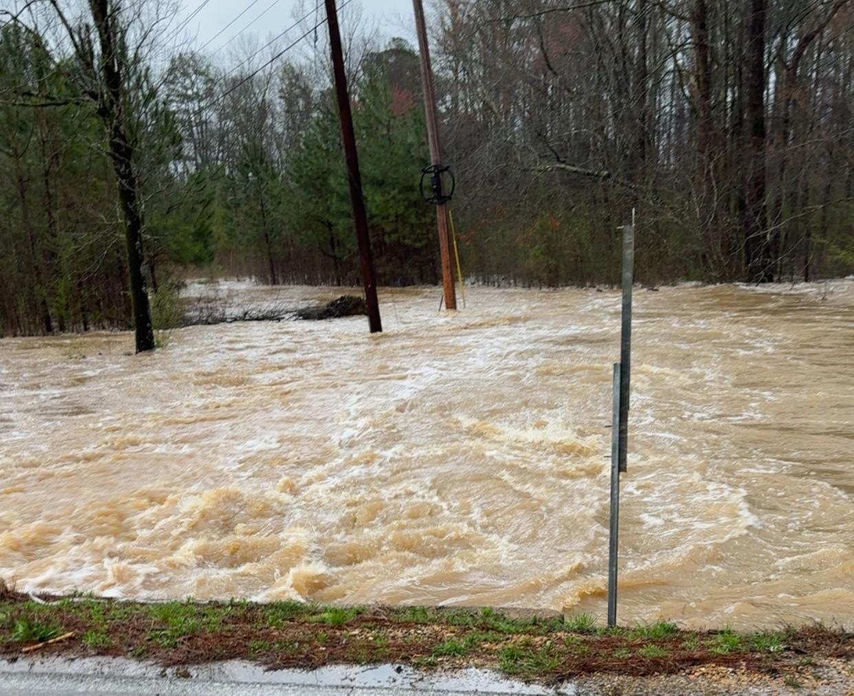 Brown floodwater rushes past a road. 