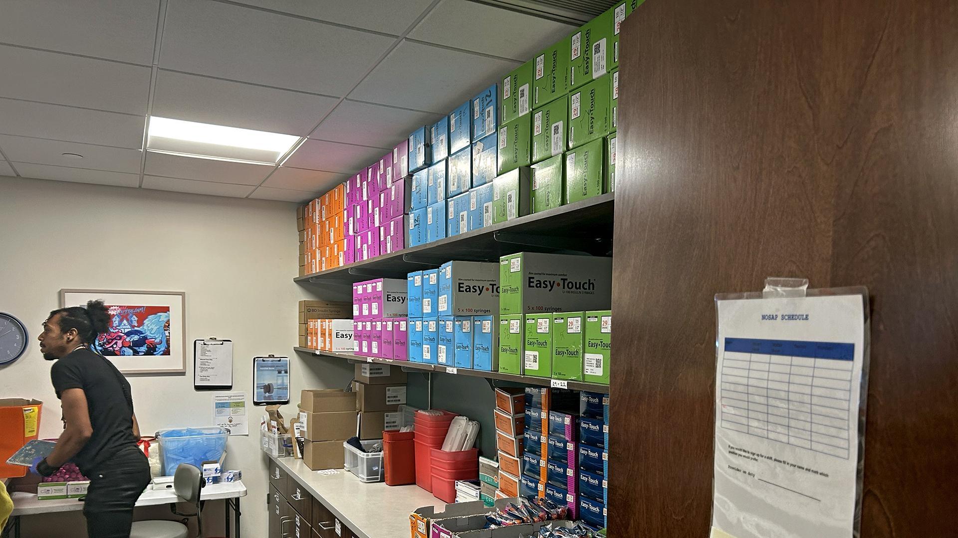 A stockpile of syringes is seen at the New Orleans Syringe Access Program. 